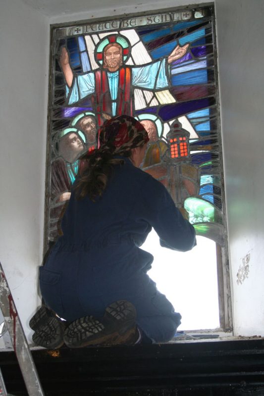 Removing window from Papa Stour Kirk, Shetland